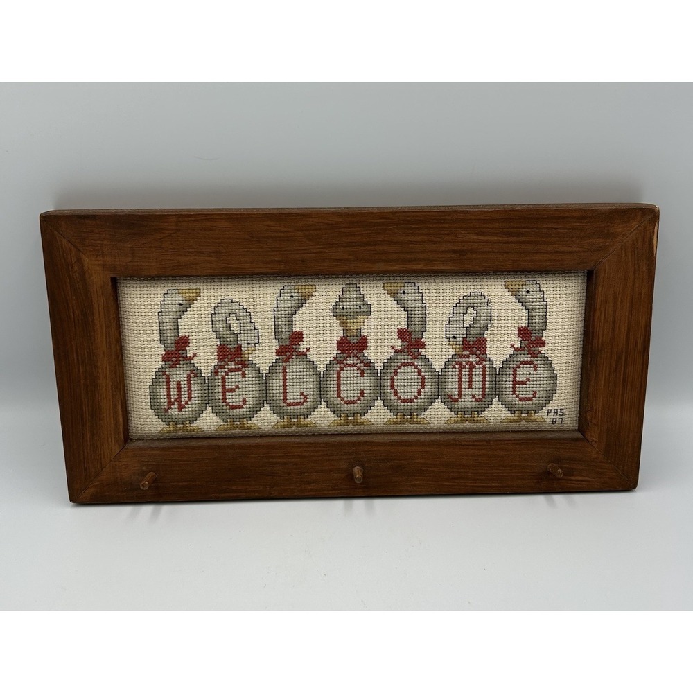 Vintage Framed Welcome Cross Stitch – Geese Farmhouse Wall Decor Cottagecore